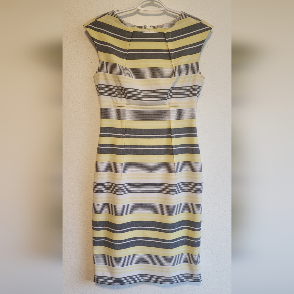 Calvin Klein Collection Yellow and Gray Striped Strapless Sheath Dress
